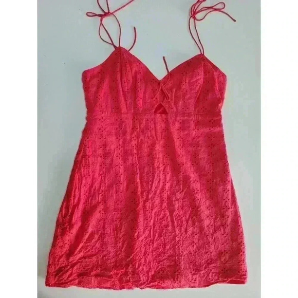 Lulus Summer Red Eyelet Lace Mini Dress Keyhole Adjustable Straps L - Picture 2 of 6